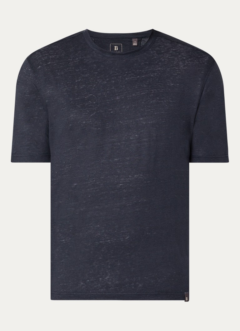 Boggi Milano Heren T-shirt in linnenblend met ronde hals in de kleur Donkerblauw
