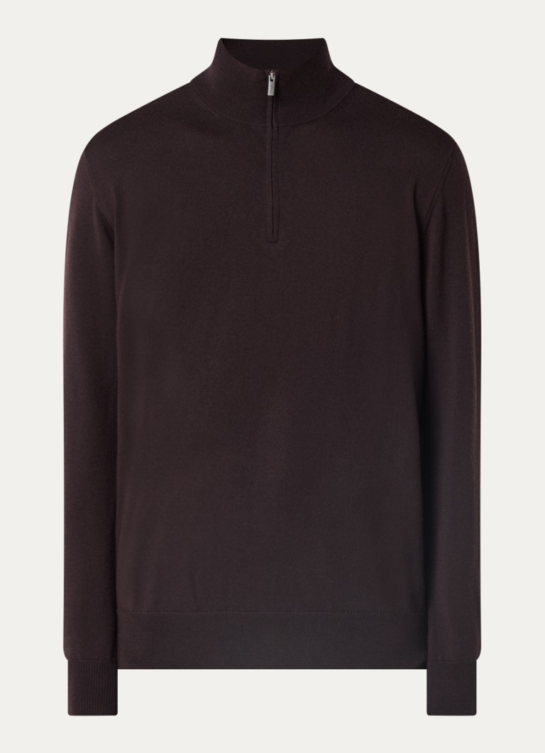 Boggi Milano Heren Fijngebreide pullover van wol met halve rits in de kleur Donkerbruin