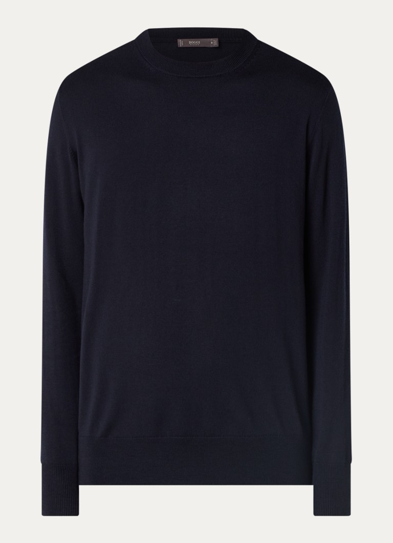 Boggi Milano Heren Fijngebreide pullover van wol met ronde hals in de kleur Donkerblauw