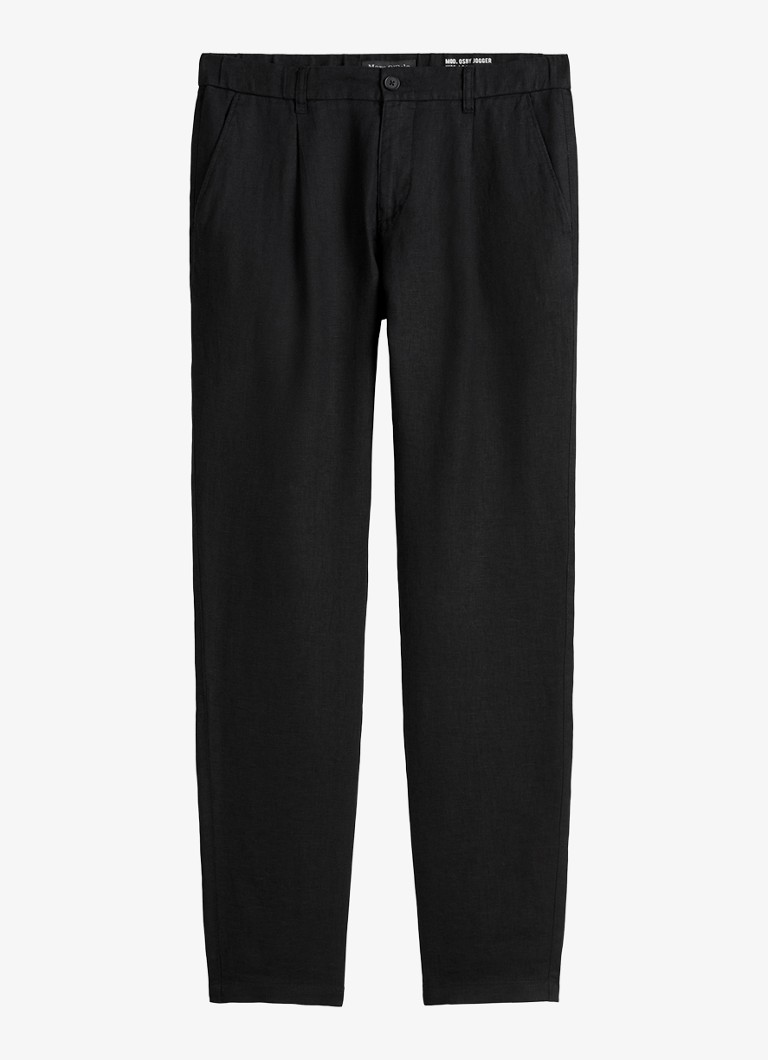 Marc O'Polo Heren Osby tapered fit chino van linnen met plooidetail in de kleur Zwart