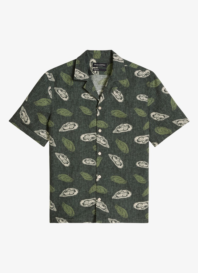 Marc O'Polo Heren Blouse van katoen en linnen met print in de kleur Dark Green_Multi_05-3062 / Groen