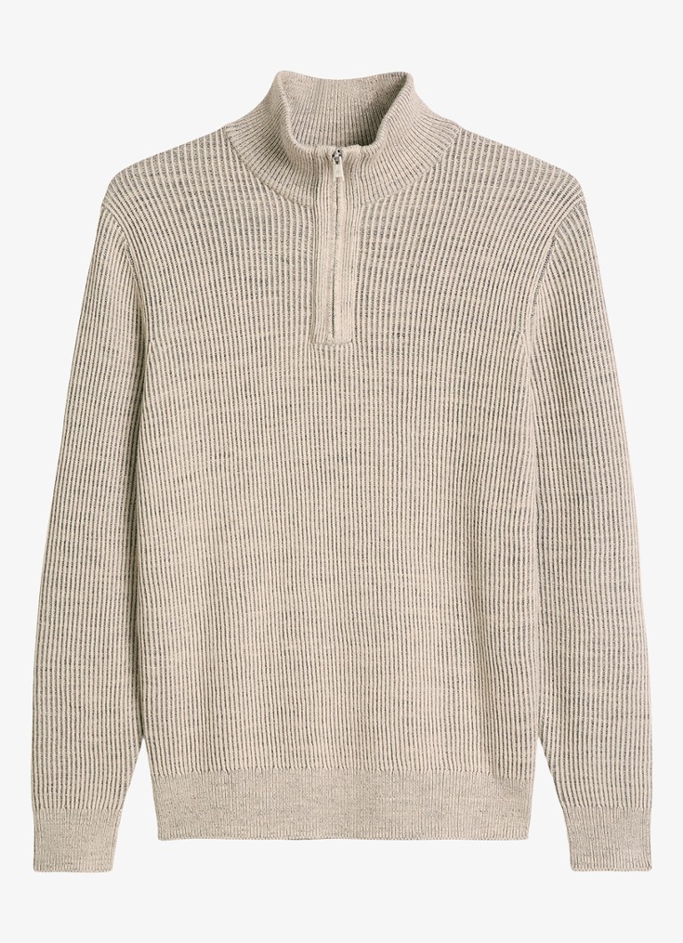 Marc O'Polo Heren Ribgebreide trui in wolblend met halve rits in de kleur Beige