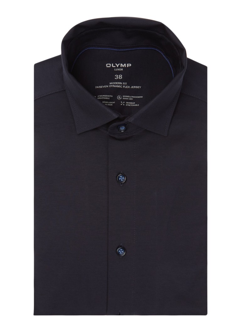 Olymp Heren Luxor modern fit overhemd van jersey in de kleur Donkerblauw, maat: 45