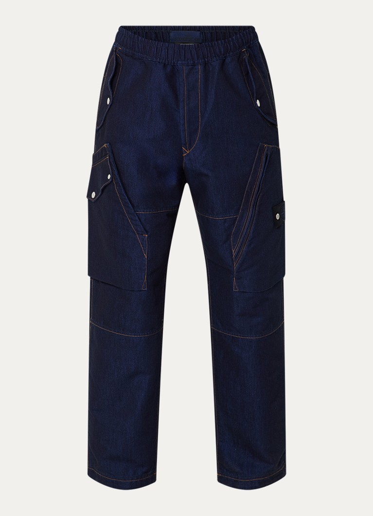 Stone Island Heren K2S15 straight fit cargobroek van denim met klepzakken en logo in de kleur Indigo, maat: 32