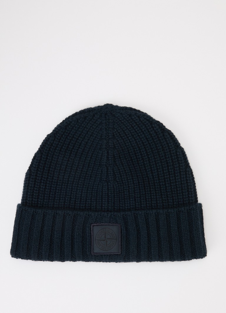 Stone Island Heren S01FF ribgebreide muts van kasjmier met logo in de kleur Donkerblauw, maat: OS