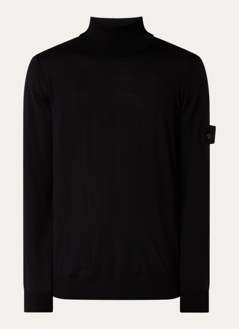 Stone Island Heren 00066 fijngebreide pullover van scheerwol met col in de kleur Zwart, maat: L