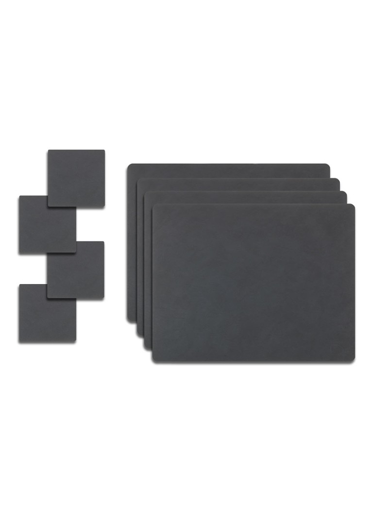 LIND DNA Giftset Square L placemat en onderzetter van leer set van 8 Antraciet - Deal