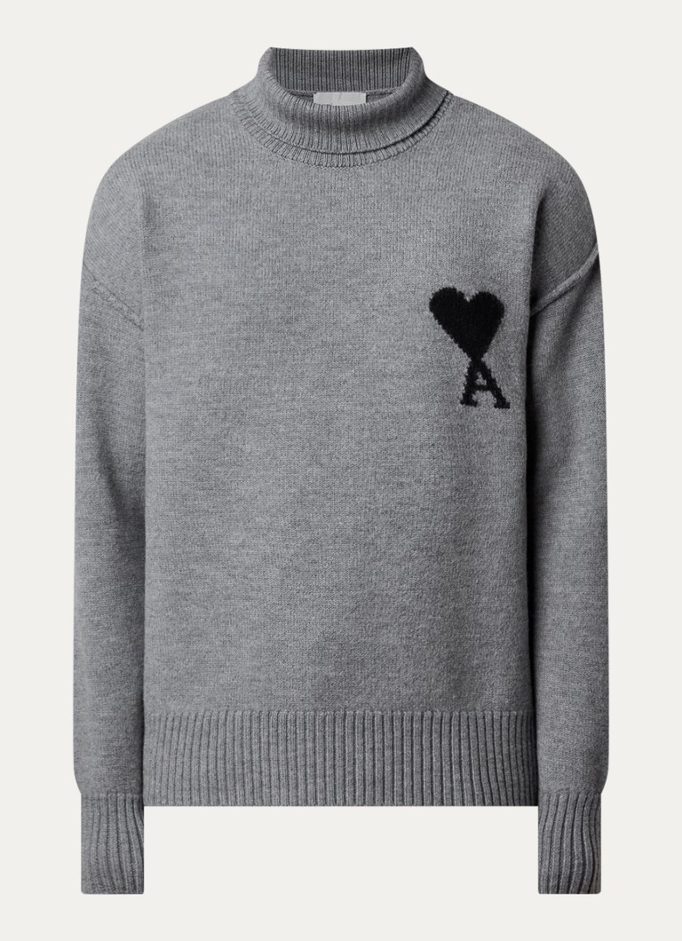 AMI Paris Heren Grofgebreide trui van scheerwol met ingebreid logo in de kleur Grijs, maat: L