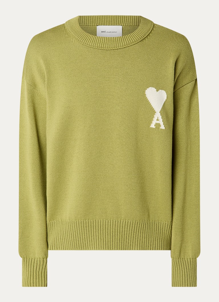AMI Paris Heren Grofgebreide trui in wolblend met logoborduring in de kleur Mosgroen, maat: L
