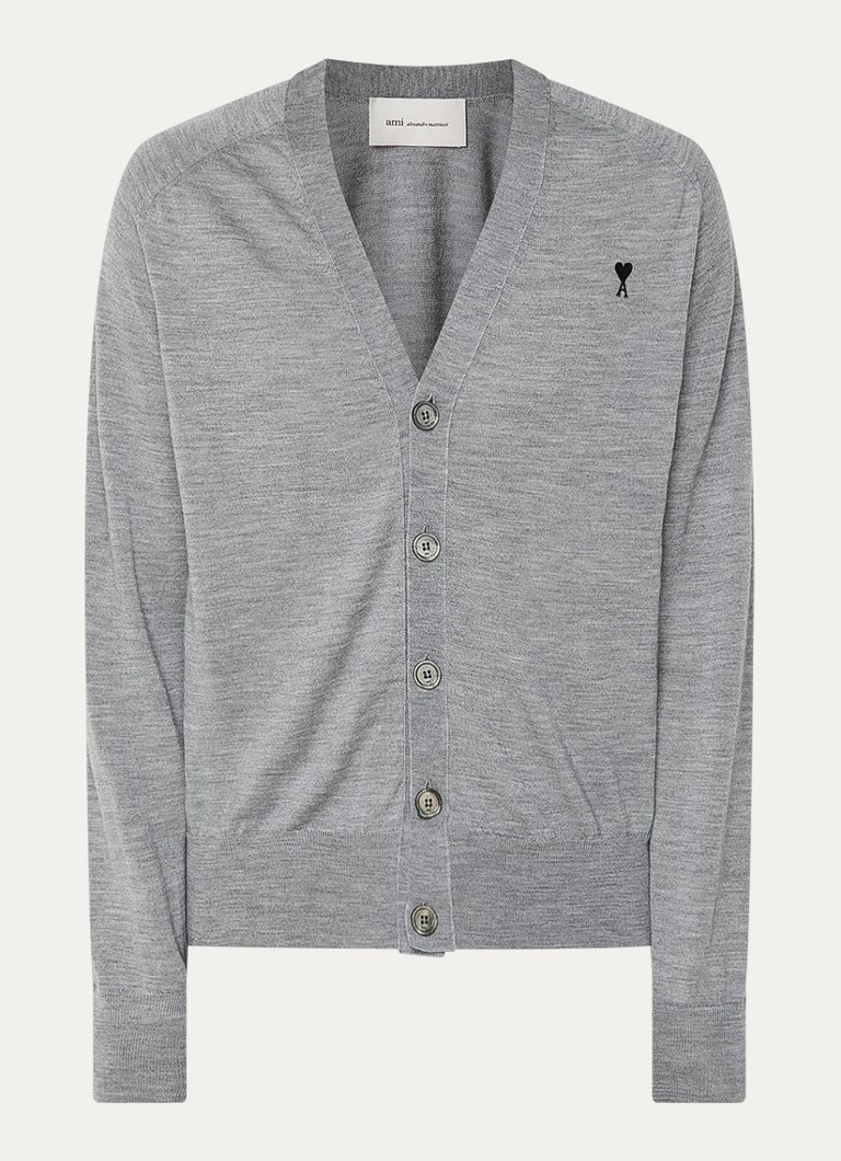 AMI Paris Heren Fijngebreid vest van merino wol met logoborduring in de kleur Grijsmele, maat: M