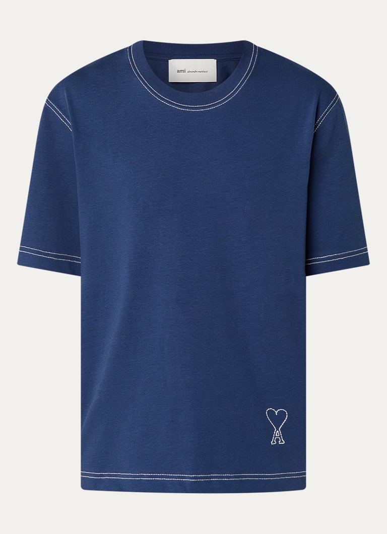 AMI Paris Heren T-shirt met logoborduring in de kleur Indigo, maat: XL