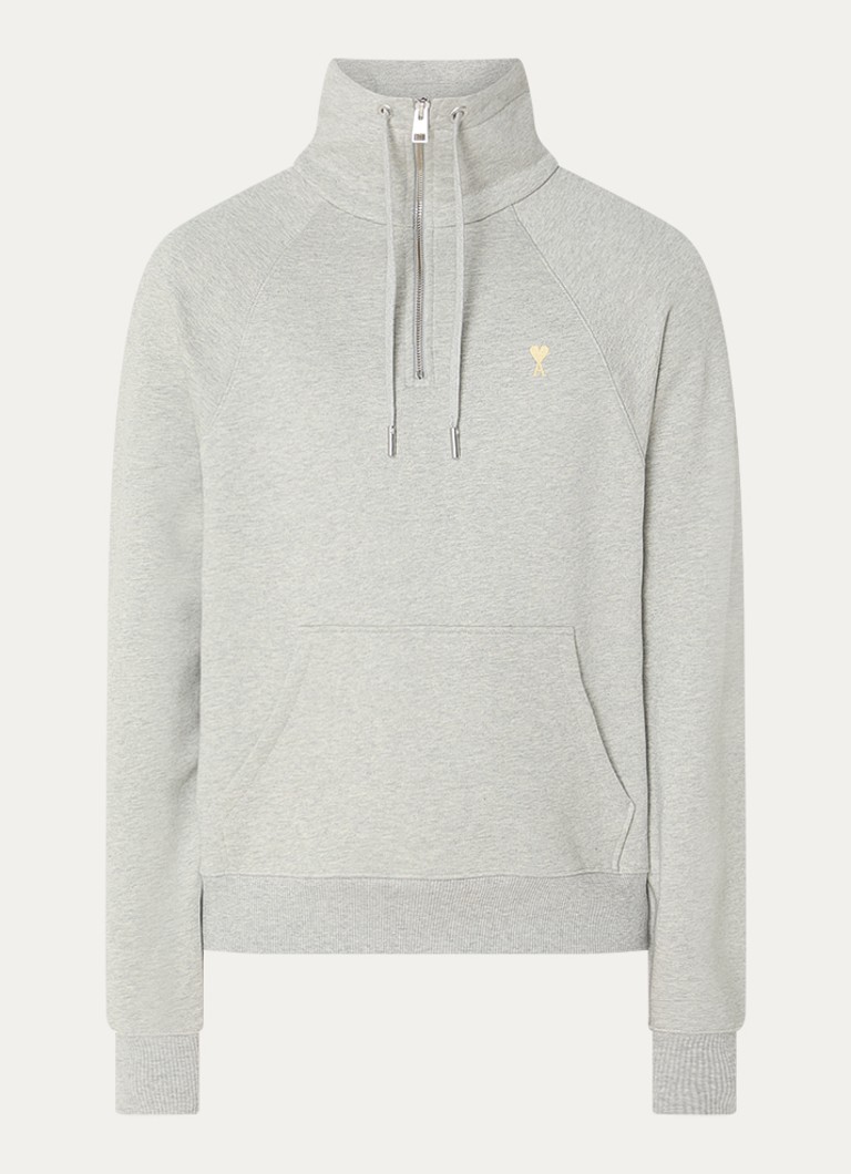 AMI Paris Heren Sweater met halve rits en logoborduring in de kleur Grijsmele, maat: S
