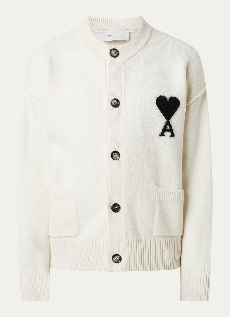 AMI Paris Heren Grofgebreid vest van wol met logo in de kleur Ivoor, maat: M