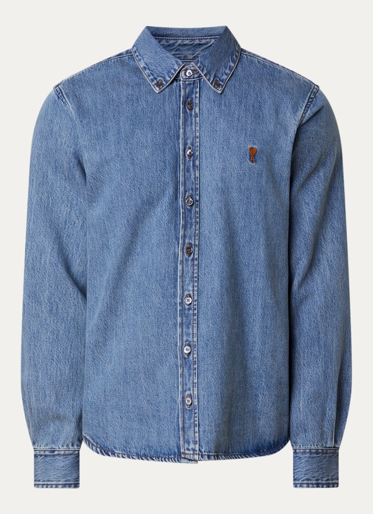 AMI Paris Heren Regular fit overhemd van denim met logo in de kleur Indigo, maat: XL