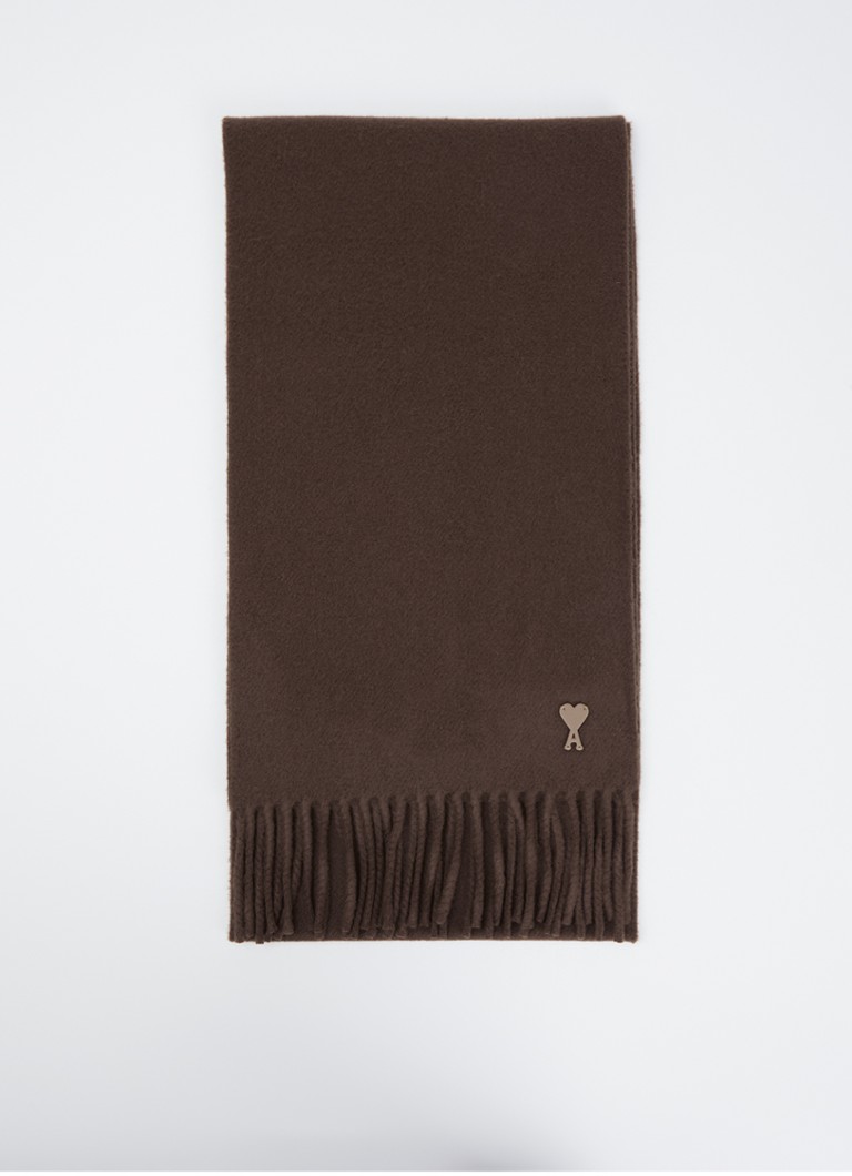 AMI Paris Heren Sjaal van wol met logodetail van leer 200 x 25 cm in de kleur Bruin, maat: OS