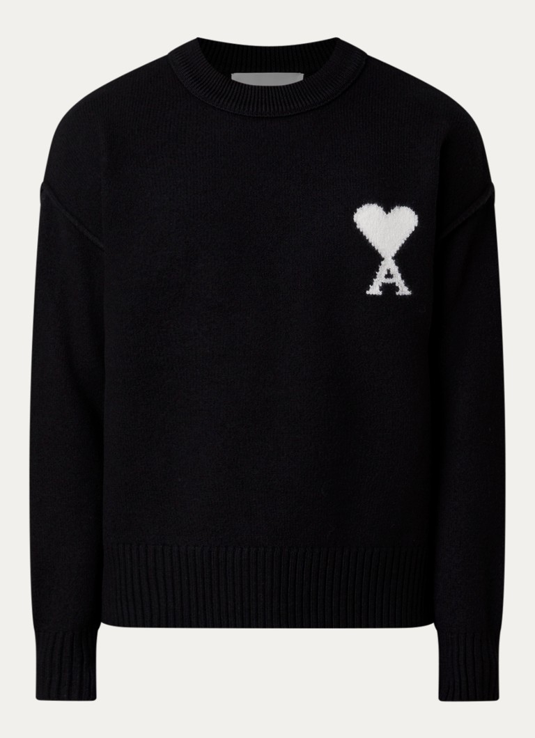 AMI Paris Heren Fijngebreide trui van wol met logoprint in de kleur Zwart, maat: M