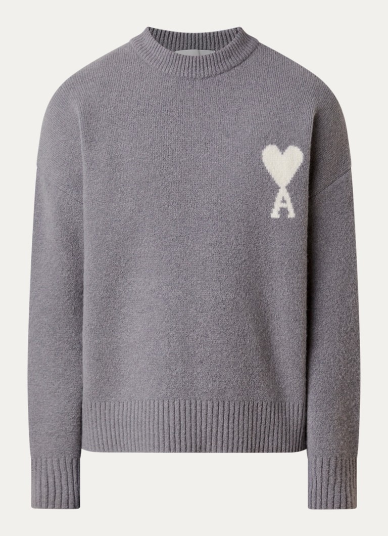 AMI Paris Heren Fijngebreide trui in alpaca wolblend met logoprint in de kleur Grijs, maat: L