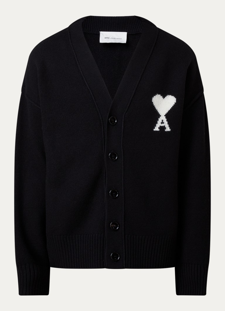 AMI Paris Heren Fijngebreid vest van wol met logo in de kleur Zwart, maat: XL