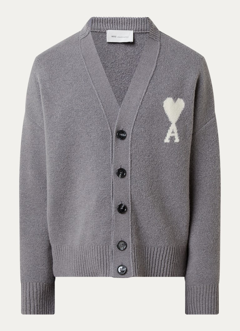 AMI Paris Heren Grofgebreid vest in wolblend met logo in de kleur Grijs, maat: L