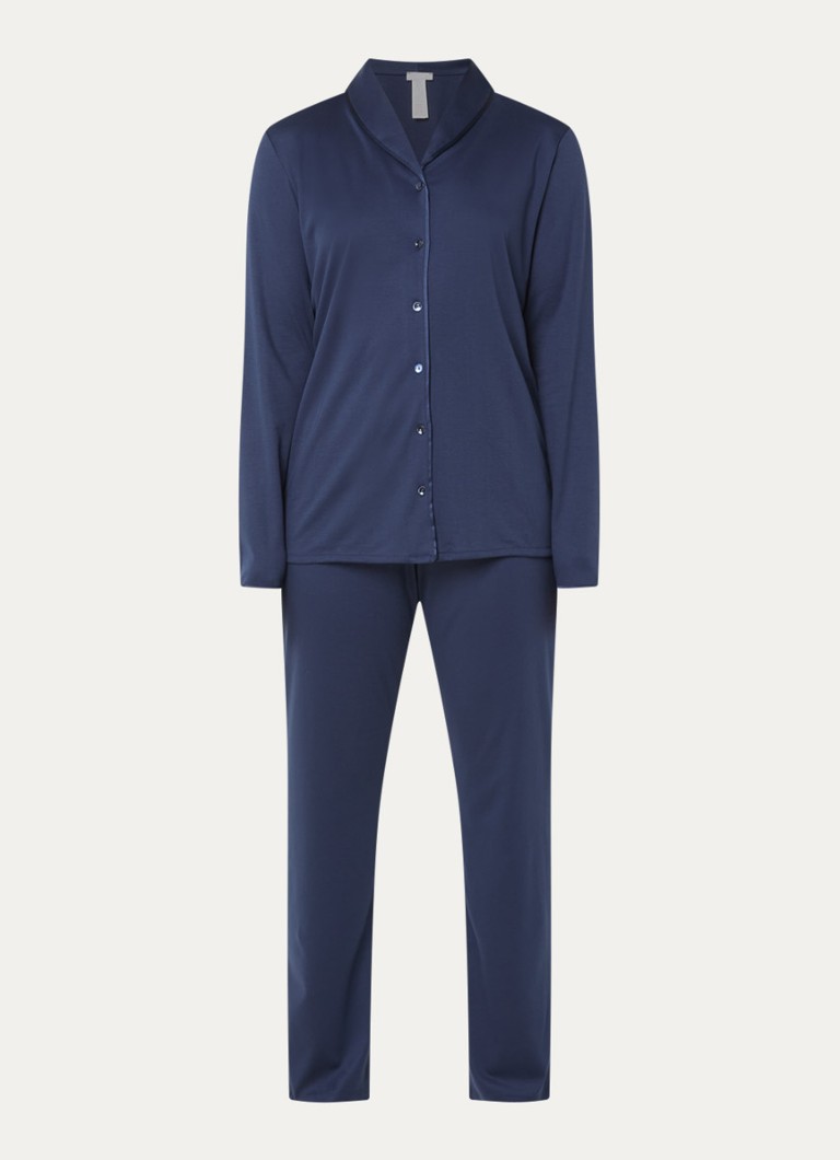 Hanro Dames Pyjamaset van satijn in de kleur Donkerblauw, maat: XL