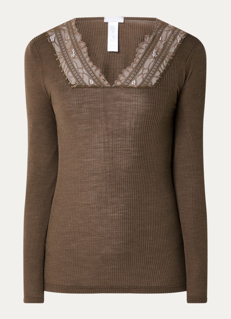 Hanro Dames Marcia longsleeve in wolblend met details van kant in de kleur Bruin, maat: L