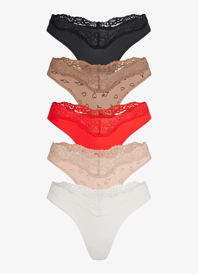 SKIMS Dames Fits Everybody Lace Dipped string in 5-pack in de kleur Sketched Hearts, maat: XL