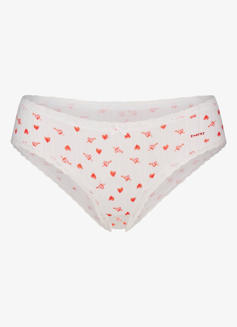 SKIMS Dames Lightweight Cotton Pointelle slip met print en kant in de kleur Snow Arrowed Hearts, maat: L