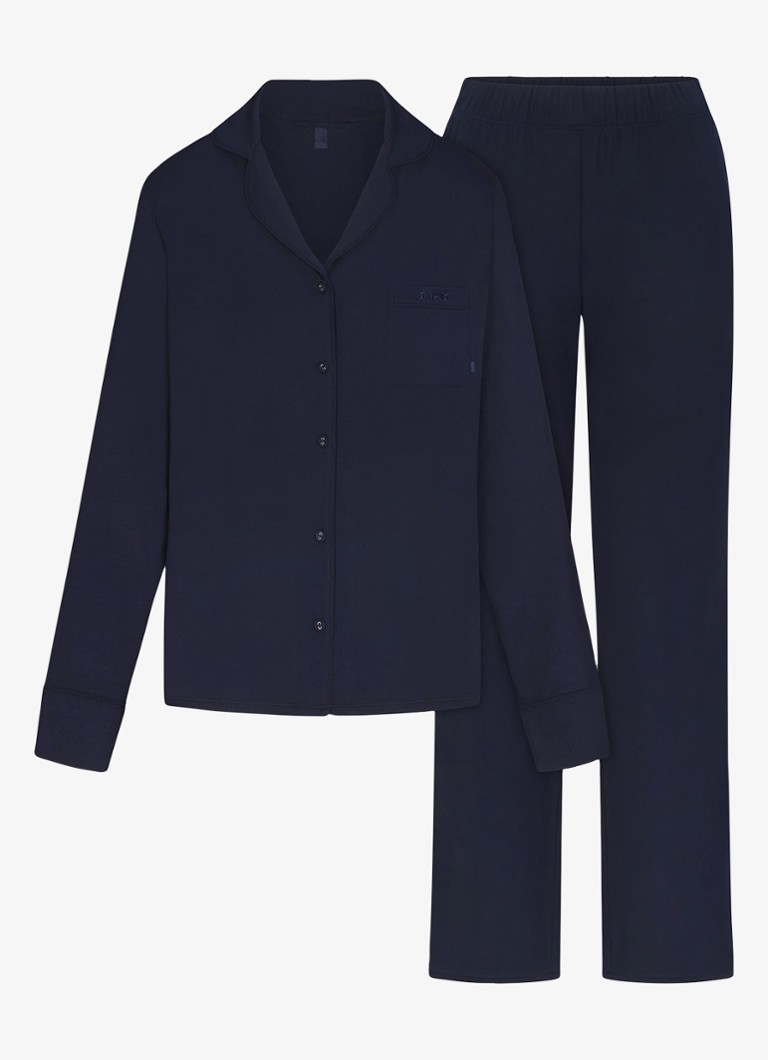 SKIMS Dames Skims Sleep pyjamaset met logoborduring in de kleur Donkerblauw, maat: S