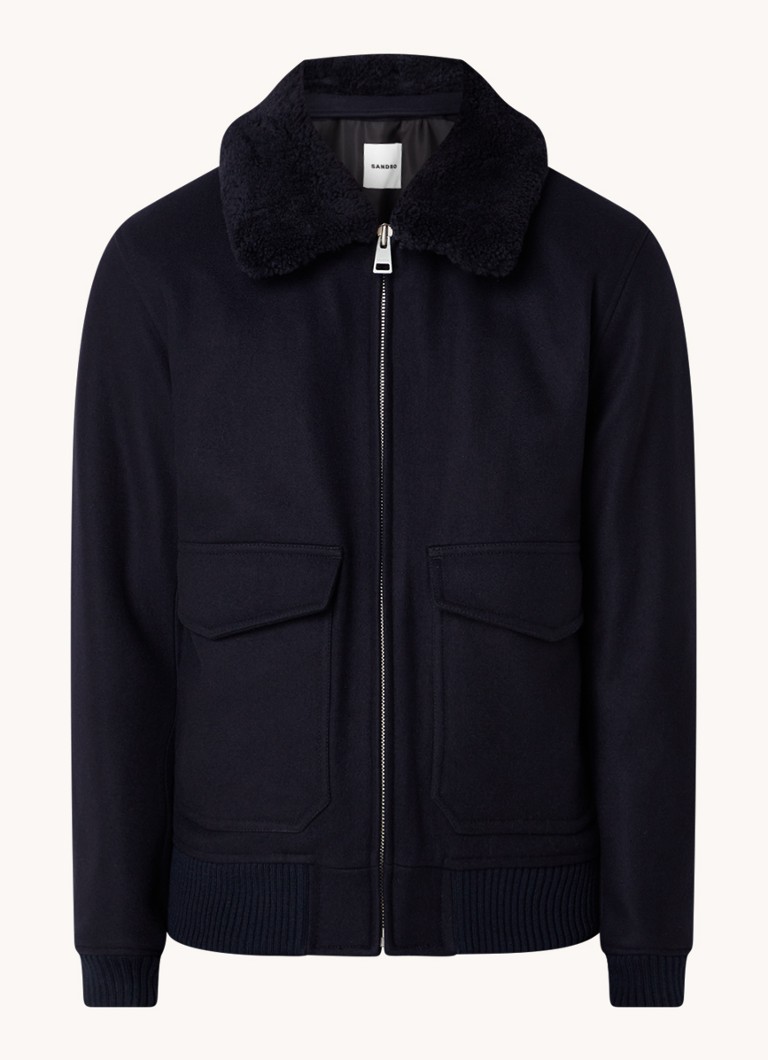Sandro Heren Jack in wolblend met afneembare kraag in de kleur Donkerblauw