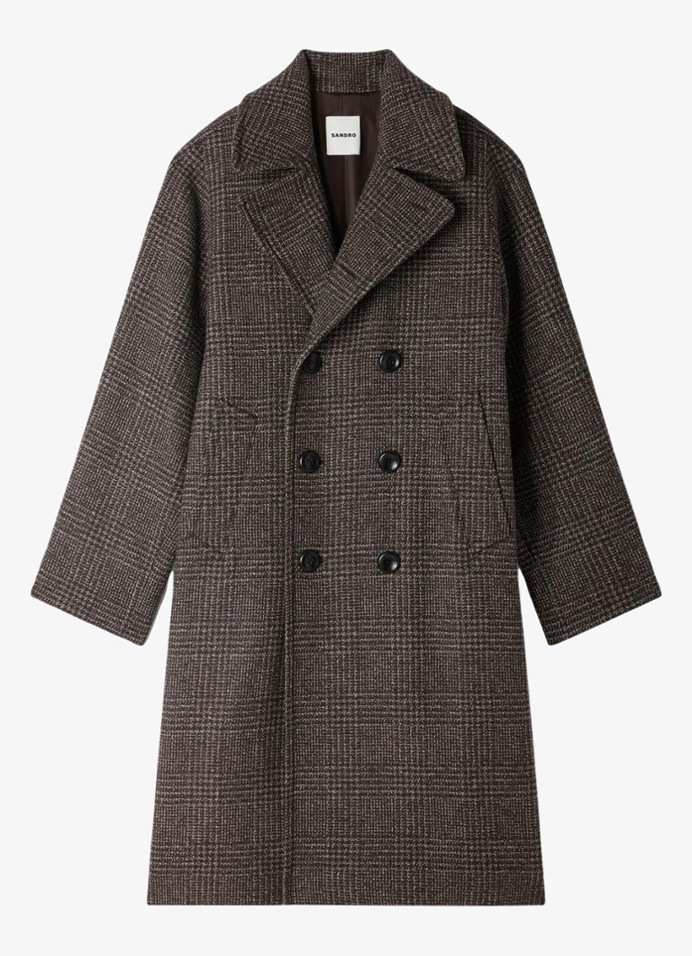 Sandro Heren Double-breasted trenchcoat in wolblend met ruitdessin in de kleur Brown / Bruin