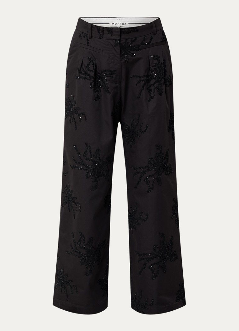 MUNTHE Dames Stormy high waist wide fit palazzo broek met borduring en pailletten in de kleur Zwart, maat: 34