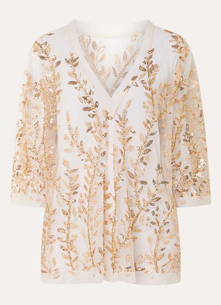 MUNTHE Dames Babur semi-transparante top van mesh met strass en pailletten in de kleur Goud, maat: 36