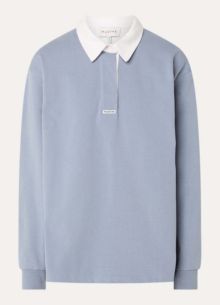 MUNTHE Dames Becent sweater met polokraag en logo in de kleur Blauwgrijs, maat: 36