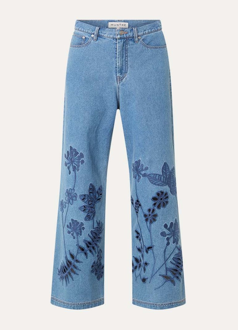 MUNTHE Dames Ecube high waist wide leg jeans met borduring en opengewerkt dessin in de kleur Indigo, maat: 36