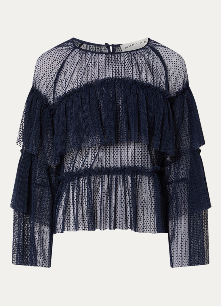 MUNTHE Dames Naria semi-transparante top met stippenprint in de kleur Donkerblauw, maat: 38