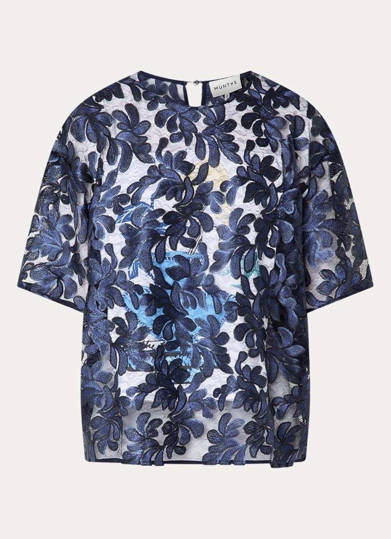 MUNTHE Dames Semi-transparante top met pailetten en borduring in de kleur Blauw, maat: 34
