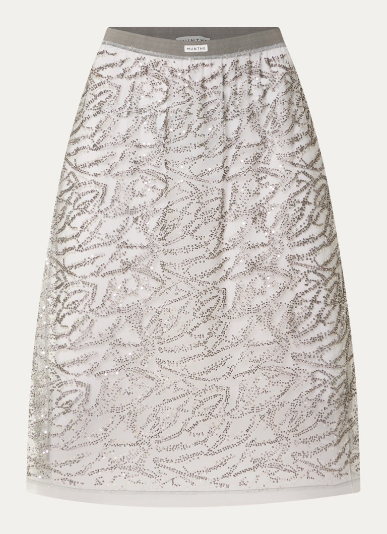 MUNTHE Dames Vatosha semi-transparante midi rok van mesh met strass en pailletten in de kleur Zilver, maat: 38