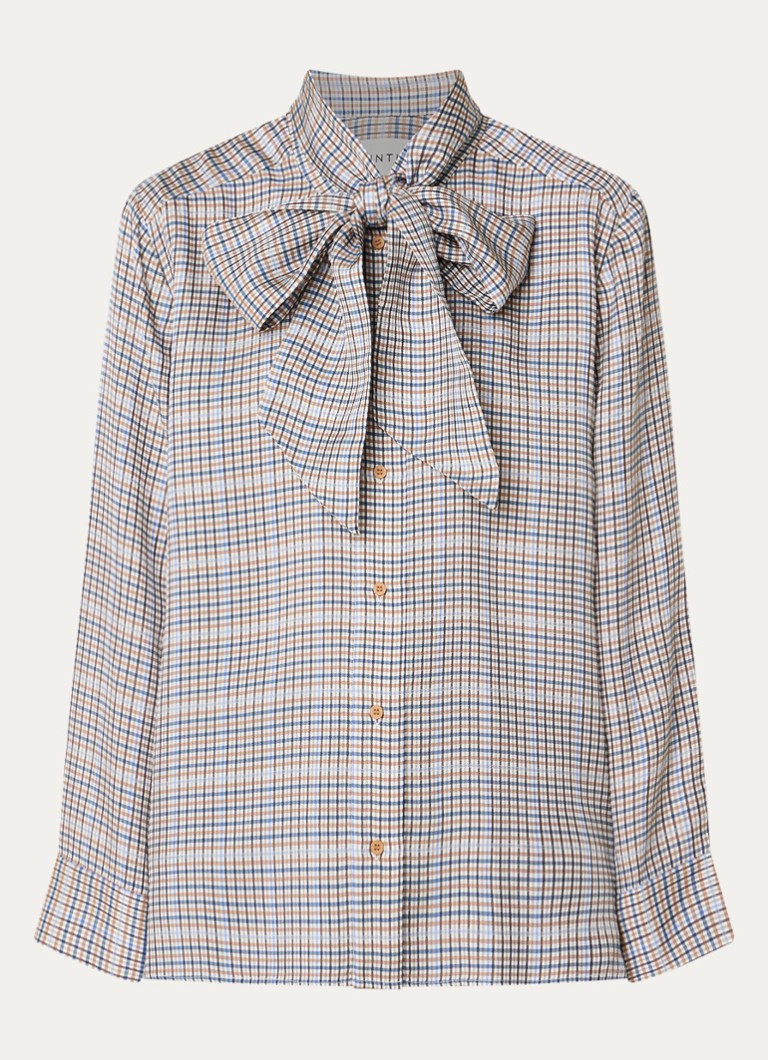 MUNTHE Dames Blouse met sjaalkraag en ruitdessin in de kleur Lichtgrijs, maat: 38