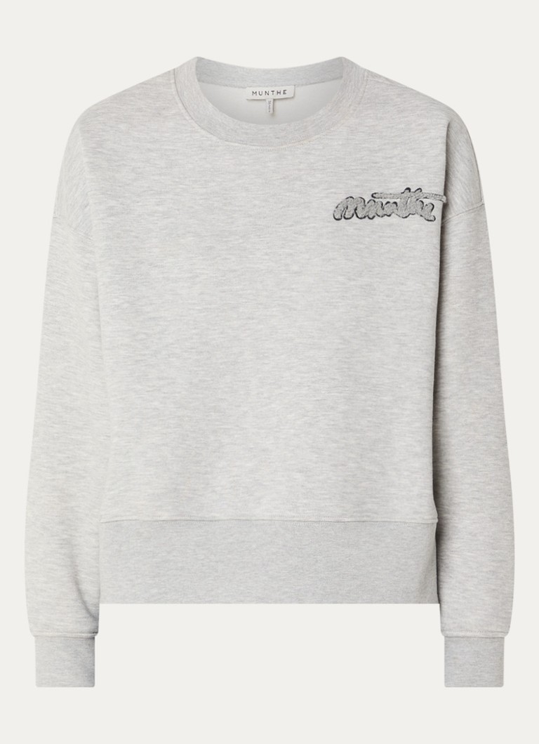 MUNTHE Dames Veptun sweater met logoborduring en gemêleerd dessin in de kleur Grijsmele, maat: 36