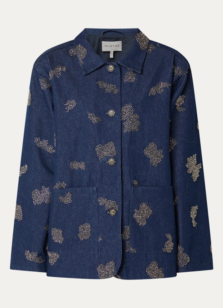 MUNTHE Dames Vichola blouse van denim met kralendecoratie in de kleur Indigo, maat: 40