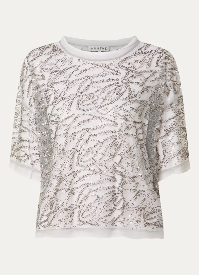 MUNTHE Dames Vun semi-transparante top van mesh met pailletten en strass in de kleur Zilver, maat: 40
