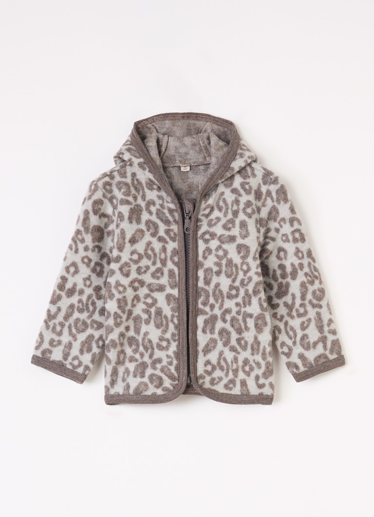 Huttelihut Meisjes Jack van merino wol met panterprint in de kleur Camel, maat: 92