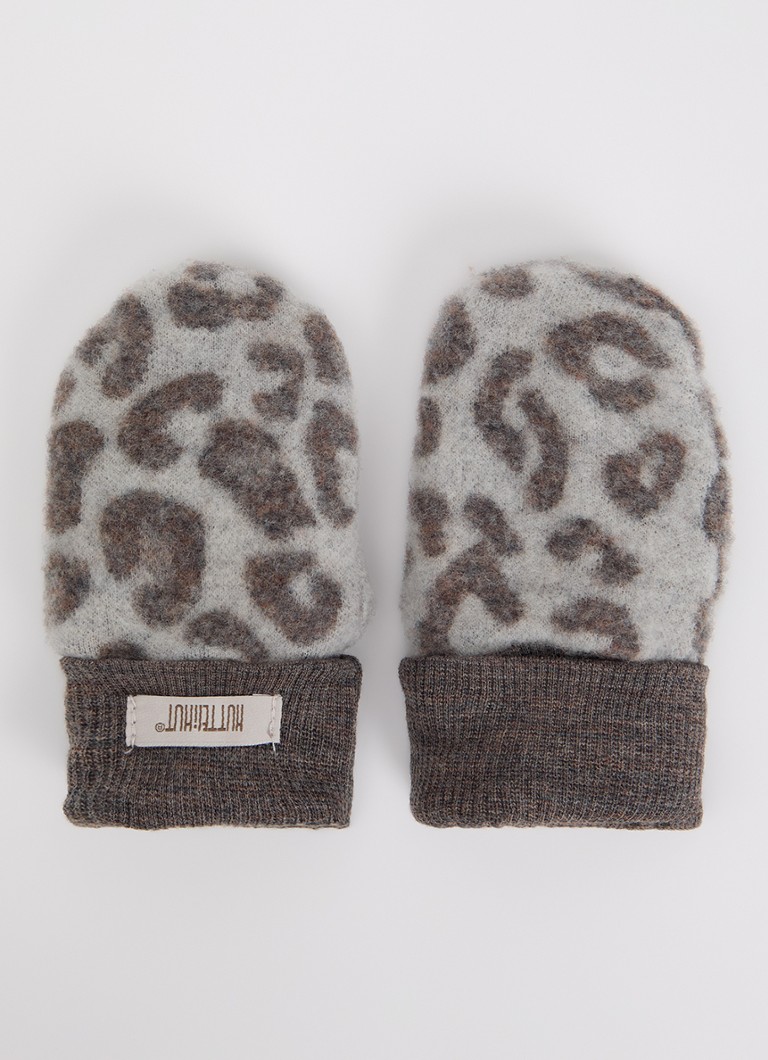 Huttelihut Meisjes Wanten van merino wol met panterprint in de kleur Lichtgrijs, maat: 50\56