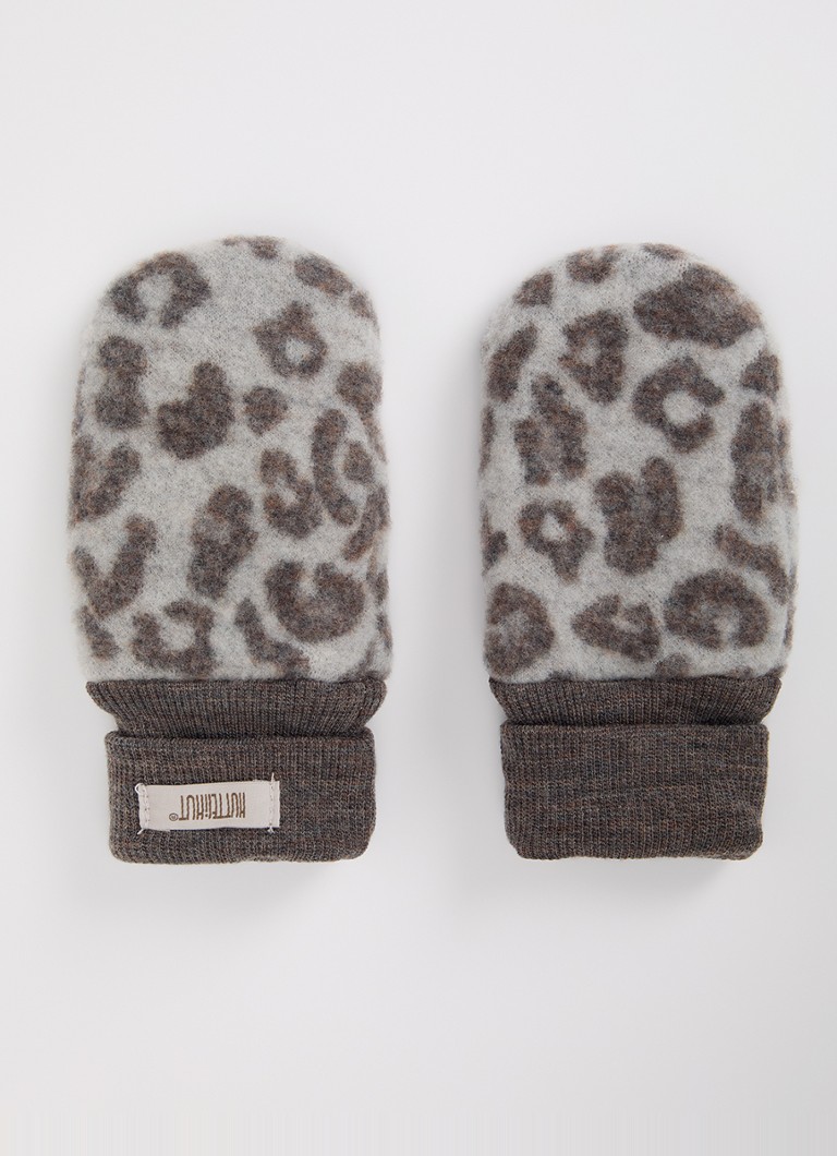Huttelihut Meisjes Wanten van merino wol met panterprint in de kleur Lichtgrijs, maat: 74\80