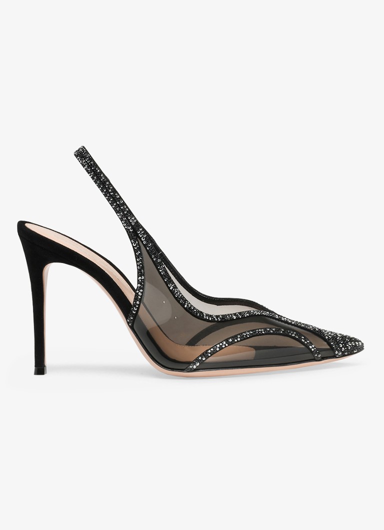 Gianvito Rossi Dames Brenda slingback met suède details en strass in de kleur Zwart