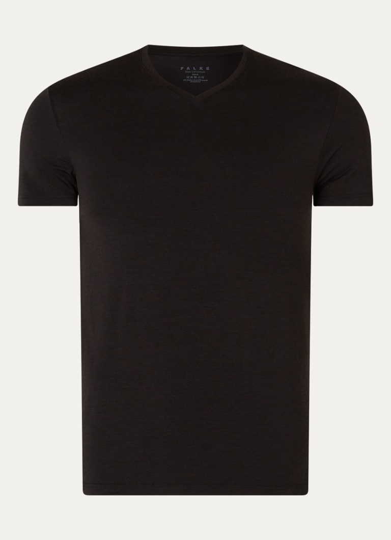 Falke Heren T-shirt in wolblend met V-hals in de kleur Zwart, maat: XXL