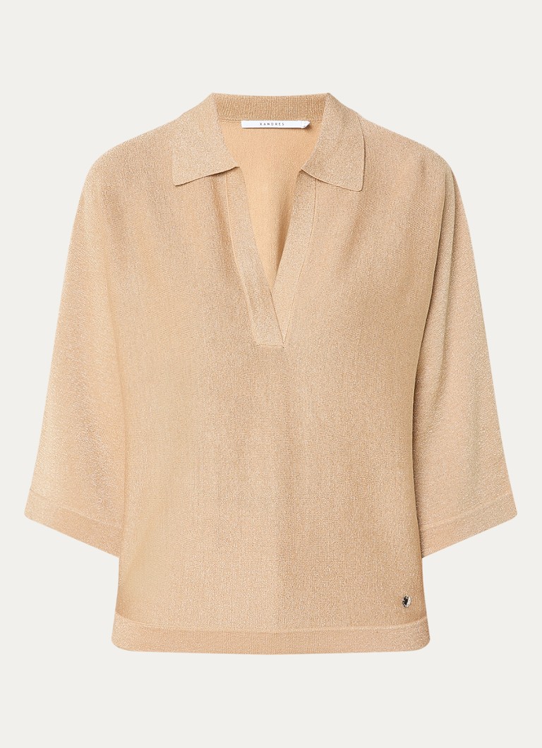 Xandres Dames Fijngebreide top met polokraag en lurex in de kleur Camel
