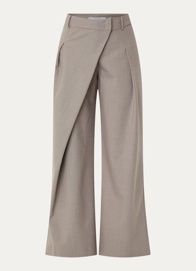 Xandres Dames Pifo high waist wide fit pantalon in wolblend met steekzakken in de kleur Donkerbeige