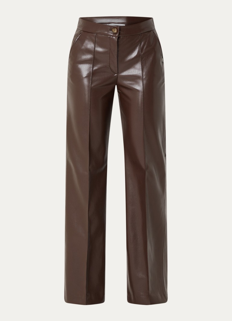 Xandres Dames Pietrovic high waist straight fit broek van imitatieleer met steekzakken in de kleur Donkerbruin