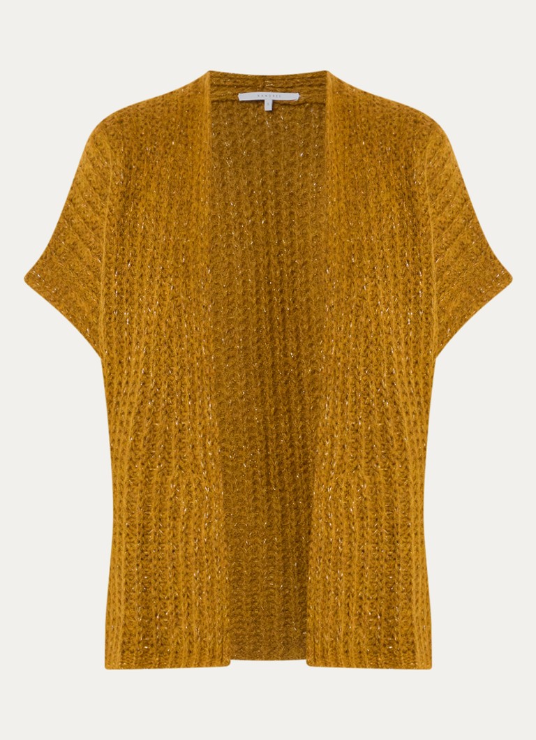 Xandres Dames Bernadine grofgebreid openvallend vest in alpaca wolblend met lurex in de kleur Okergeel